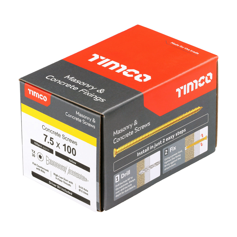 7.5 x 100 Concrete Screws - TX - Flat Countersunk - Yellow